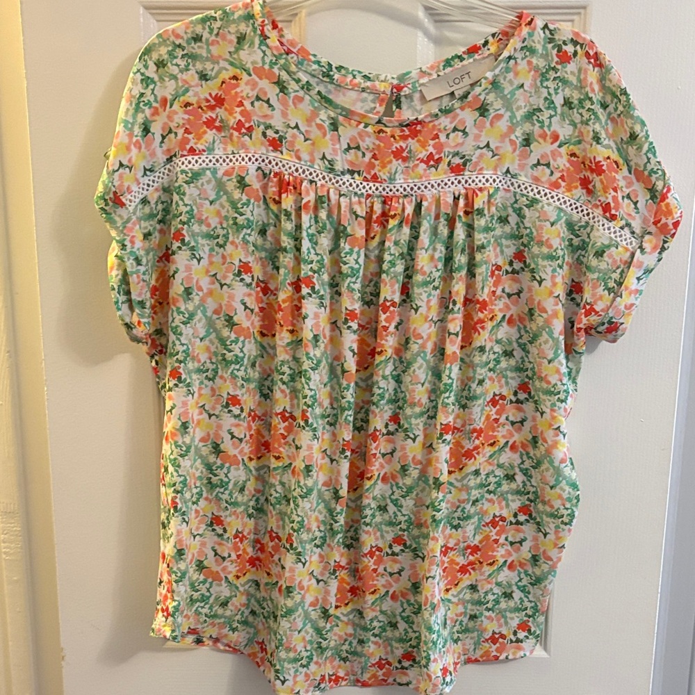 LOFT Floral Blouse with Lace Trim
